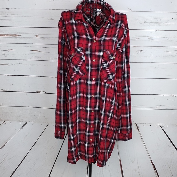 Divided Tops - Divided Button Down Plaid Tunic